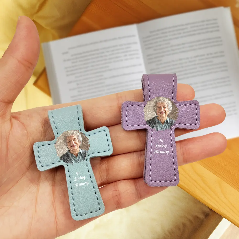 Gift For Yourself,Reading,Christian,Love - Custom Photo In Loving Memory Memorial - Personalized Cross Leather Magnetic Bookmark