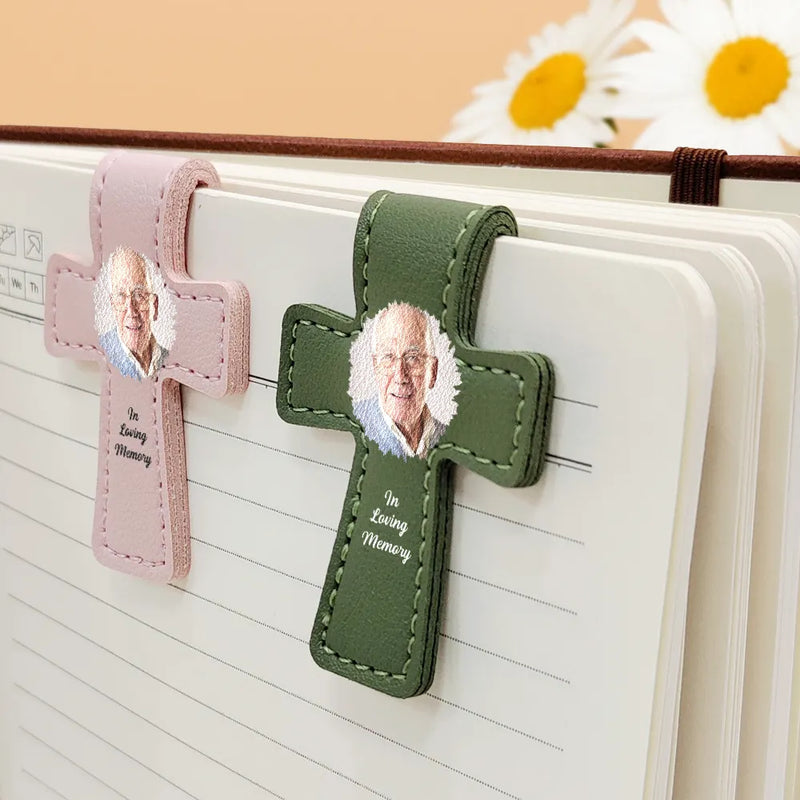 Gift For Yourself,Reading,Christian,Love - Custom Photo In Loving Memory Memorial - Personalized Cross Leather Magnetic Bookmark