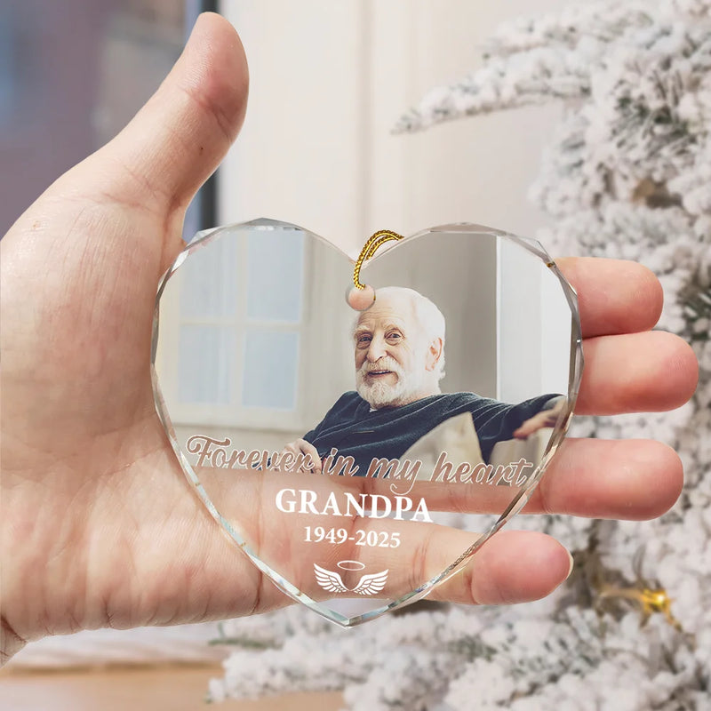 Gift For Yourself,Memorial,Sad,Christmas - Custom Photo QR Code Forever In Our Hearts - Personalized Heart Shaped Glass Ornament  