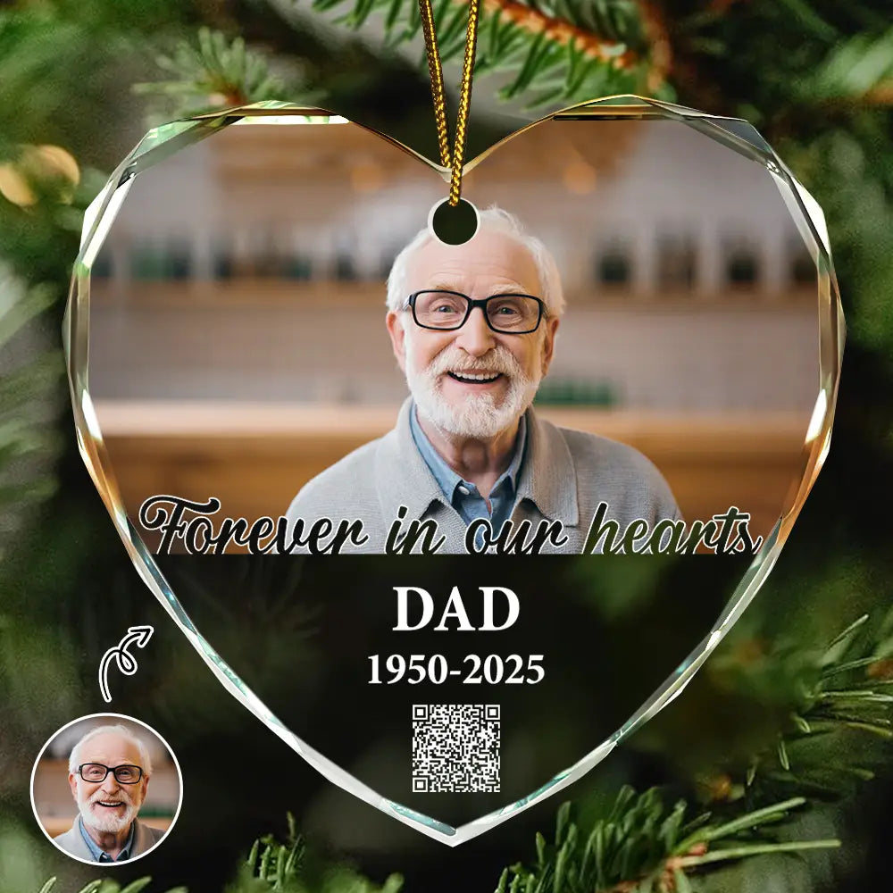 Gift For Yourself,Memorial,Sad,Christmas - Custom Photo QR Code Forever In Our Hearts - Personalized Heart Shaped Glass Ornament  