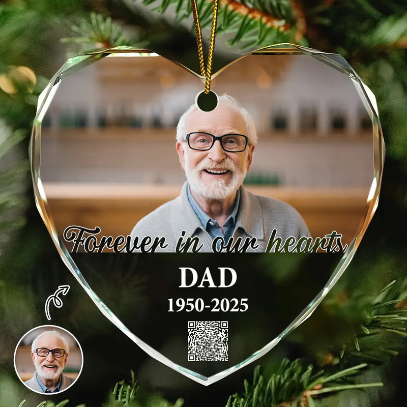 Gift For Yourself,Memorial,Sad,Christmas - Custom Photo QR Code Forever In Our Hearts - Personalized Heart Shaped Glass Ornament  