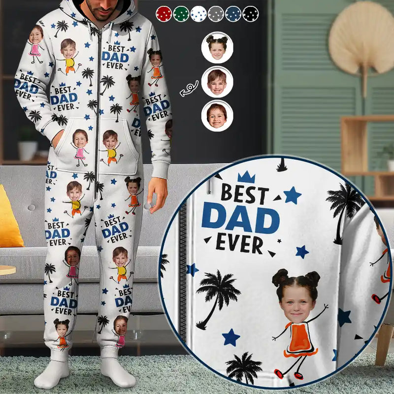 Gift For Grandpa,Gift For Father,Happy,Custom Photo - Custom Photo Best Dad Grandpa Ever - Personalized Overall Onesie Hooded Jumpsuit