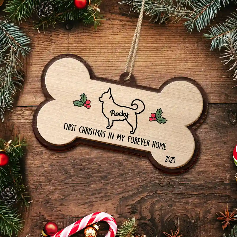 Dog Lovers,Dog Mom,Dog Dad,Pet Lovers,Pet Mom,Pet Dad,Memorial,Love,Christmas - Dog's First Christmas In My Forever Home - Personalized 2-Layered Wooden Ornament
