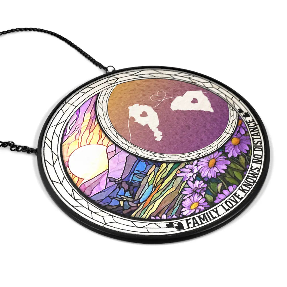 Family,Long Distance,Love - Family Love Knows No Distance - Personalized Stained Glass Window Hanging Suncatcher