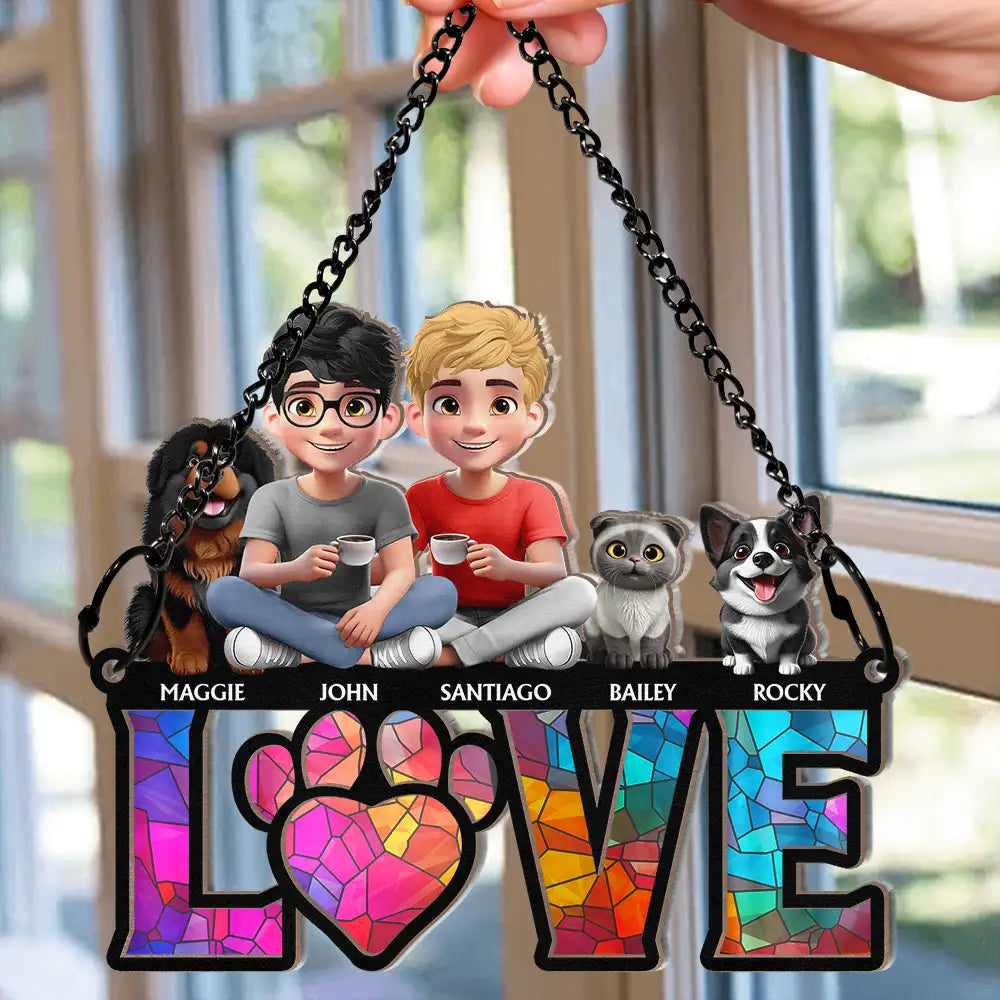 Gift For Couples,Gift For Husband,Gift For Wife,Gift For Boyfriend,Gift For Girlfriend,LGBT,Pet Lovers,Pet Couple,Dog Lovers,Dog Couple,Cat Lovers,Cat Couple,Love - Love Is A Four Legged Word With Dogs Cats - Personalized Window Hanging Suncatcher Ornament