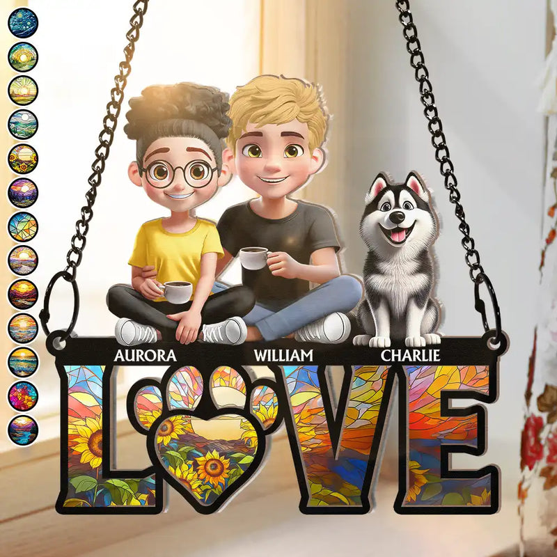 Gift For Couples,Gift For Husband,Gift For Wife,Gift For Boyfriend,Gift For Girlfriend,LGBT,Pet Lovers,Pet Couple,Dog Lovers,Dog Couple,Cat Lovers,Cat Couple,Love - Love Is A Four Legged Word With Dogs Cats - Personalized Window Hanging Suncatcher Ornament