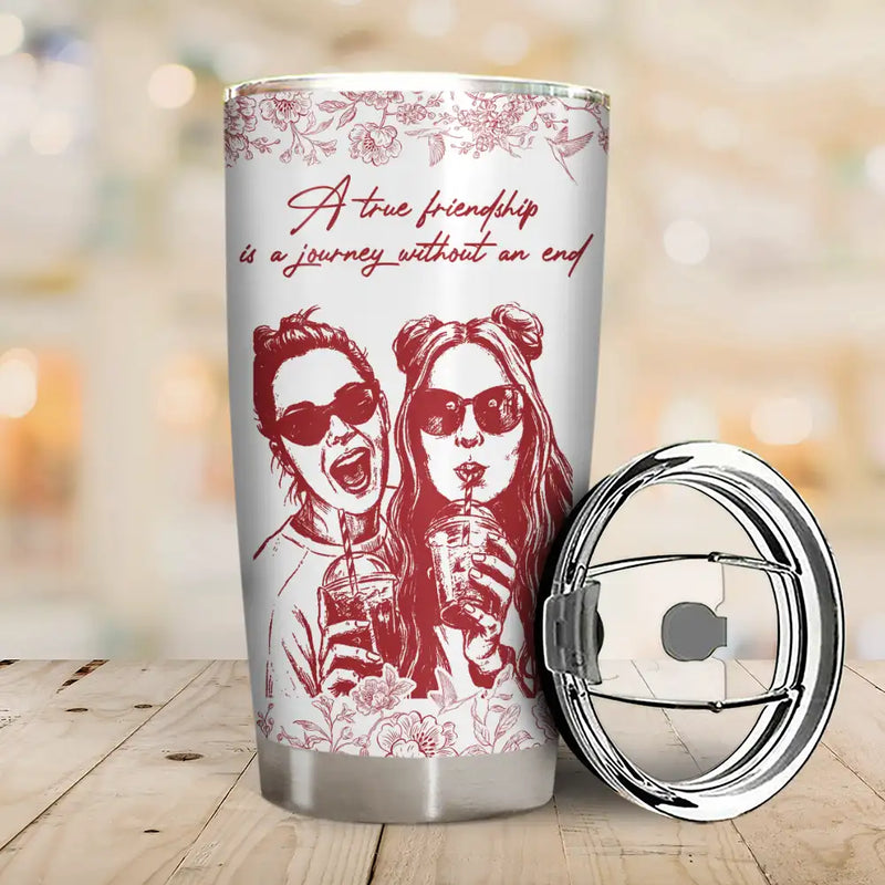 Gift For Bestie,Old Best friends,Gift For Sisters,Custom Photo,Happy - Custom Photo Pencil Sketch A True Friendship Is A Journey Without An End - Personalized Tumbler