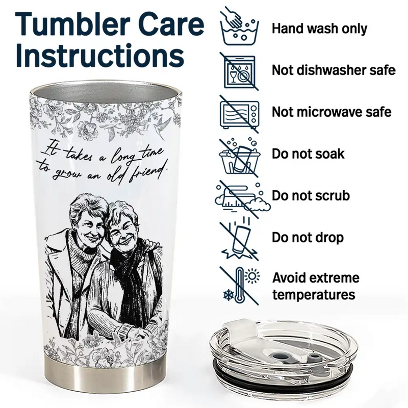 Gift For Bestie,Old Best friends,Gift For Sisters,Custom Photo,Happy - Custom Photo Pencil Sketch A True Friendship Is A Journey Without An End - Personalized Tumbler