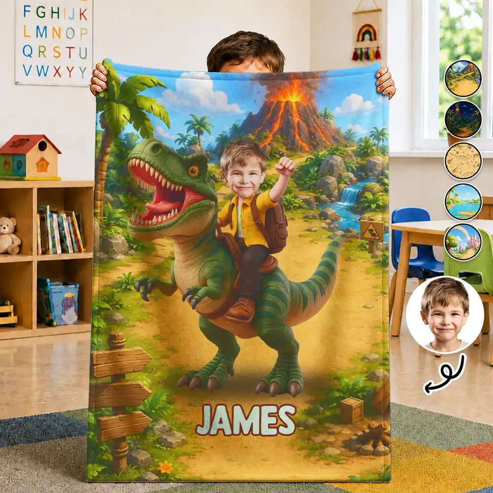 Custom Photo Cute Kid Riding Dinosaur Flamingo Unicorn - Personalized Fleece Blanket, Sherpa Blanket