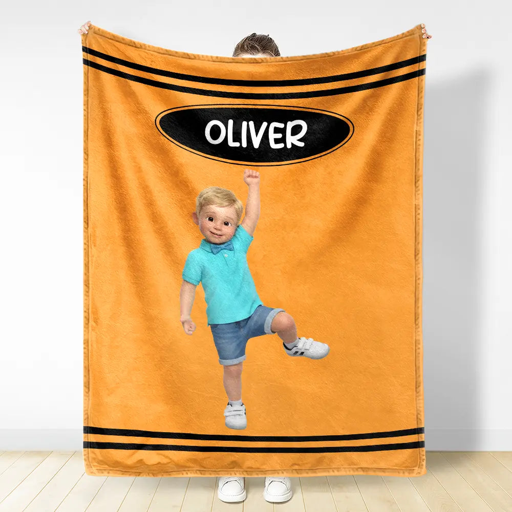 Adorable, Art Design, Back To School, Gift For Kids, Photo - Cartoon Portrait - Custom Photo Cartoon Portrait Kid With Colorful Crayons - Personalized Fleece Blanket, Sherpa Blanket