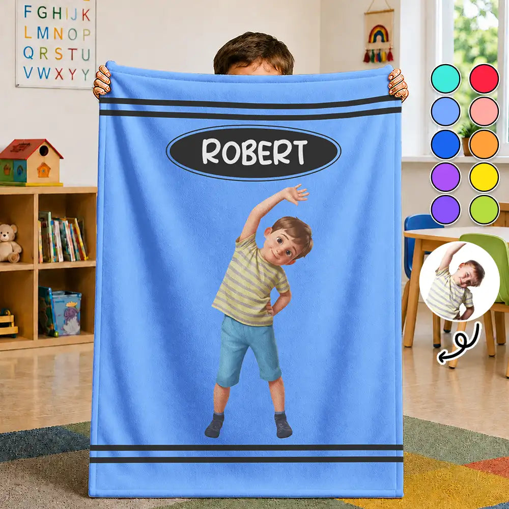 Custom Photo Cartoon Portrait Kid With Colorful Crayons - Personalized Fleece Blanket, Sherpa Blanket