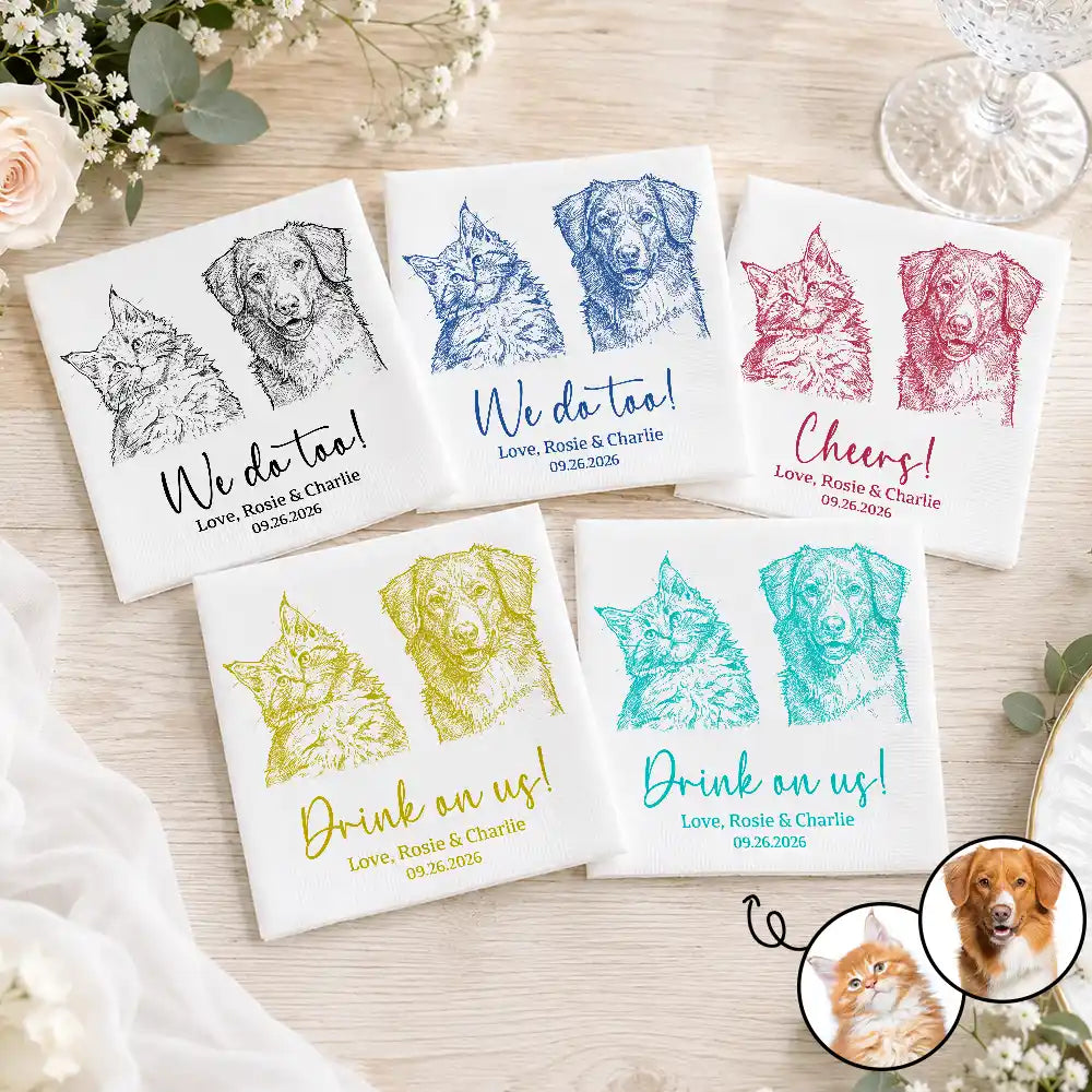 Pet Couple, Art Design, Playful, Pet Lovers, Gift For Couples, Wedding, Photo - Pencil Sketch - Bold - Custom Photo Bold Sketch Dog Cat Pet Couples Wedding Engaged Bachelor Bachelorette Party - Personalized Cocktail Napkins