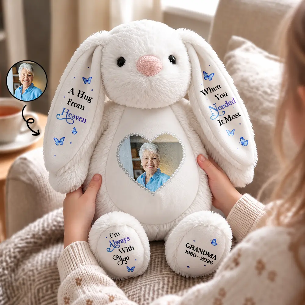 Memorial Gift For Kids Grandkids - Personalized Custom Photo Name And Years Hug From Heaven Soft Toy Bunny