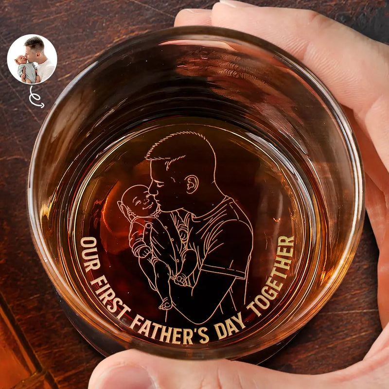 Gift For Father,New Dad,New baby,Happy - Custom Photo Outline Sketch New Dad Our First Father's Day Together - Personalized Engraved Whiskey Glass