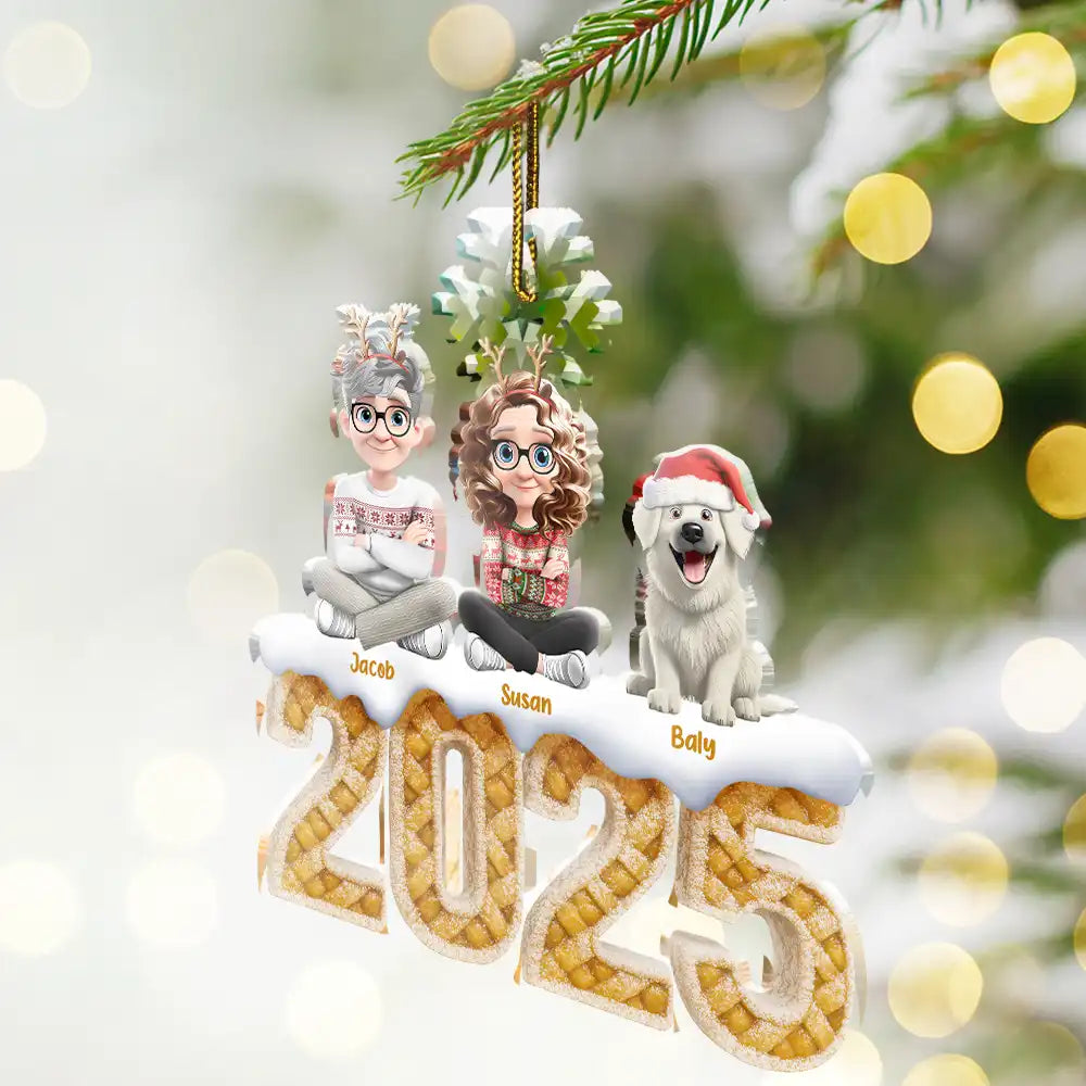 Family,Pet Lovers,Happy,Christmas - Christmas Apple Pie Couple With Pets 3D Effect - Personalized Custom Shaped Acrylic Ornament