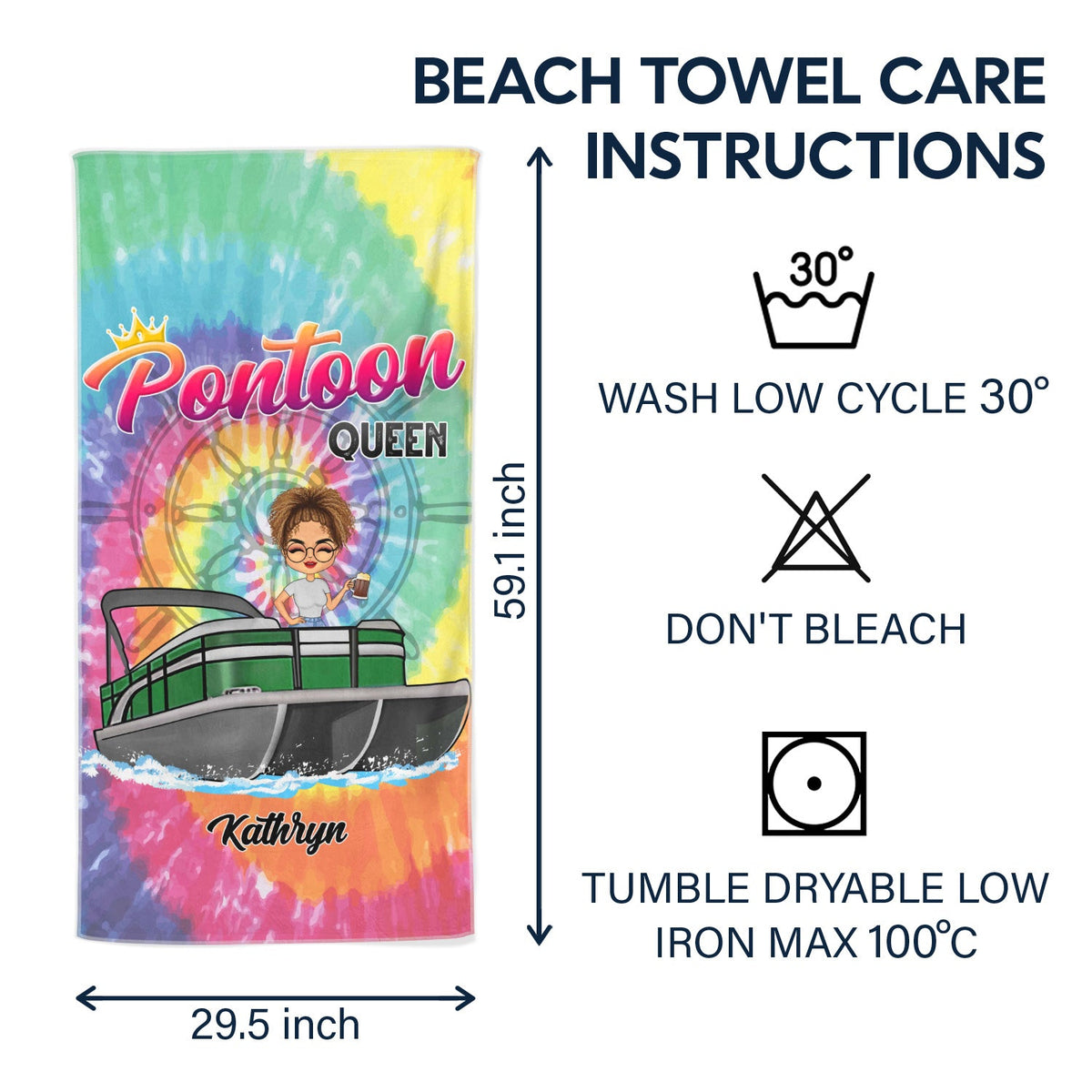 Tie Dye Pontoon Queen - Gift For Pontoon Owner - Personalized Custom Beach Towel