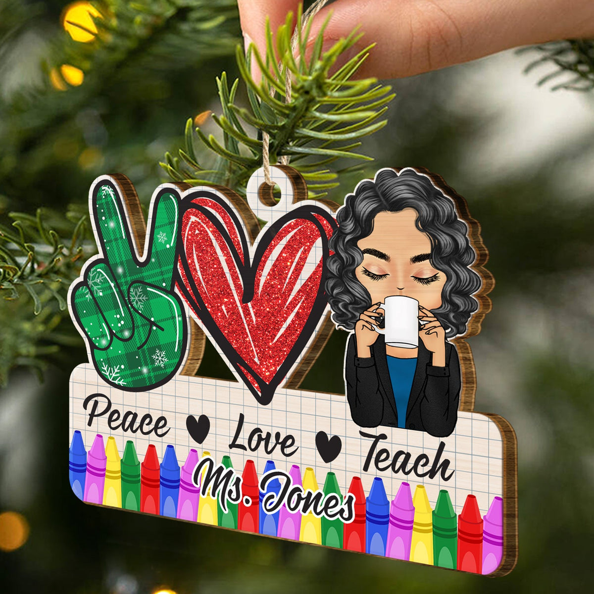 Peace Love Teach - Christmas Gift For Teacher - Personalized Wooden Cutout Ornament