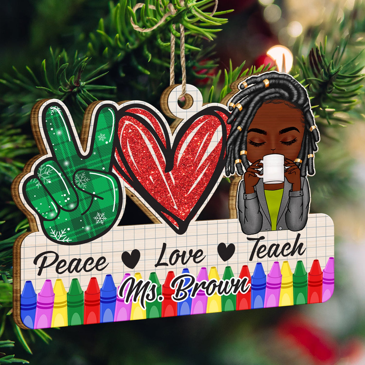 Peace Love Teach - Christmas Gift For Teacher - Personalized Wooden Cutout Ornament