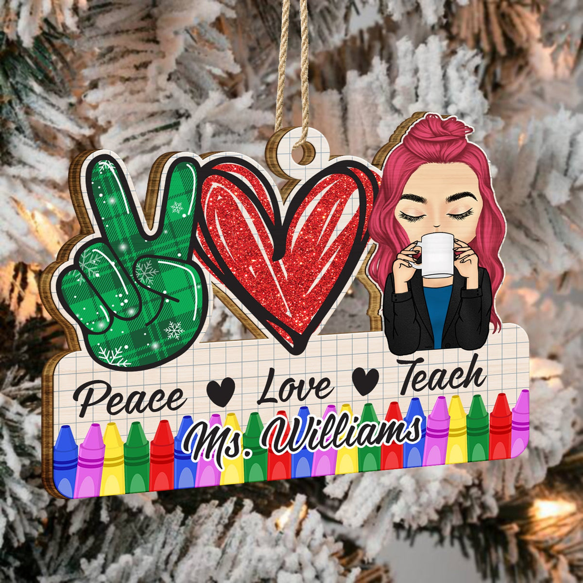 Peace Love Teach - Christmas Gift For Teacher - Personalized Wooden Cutout Ornament