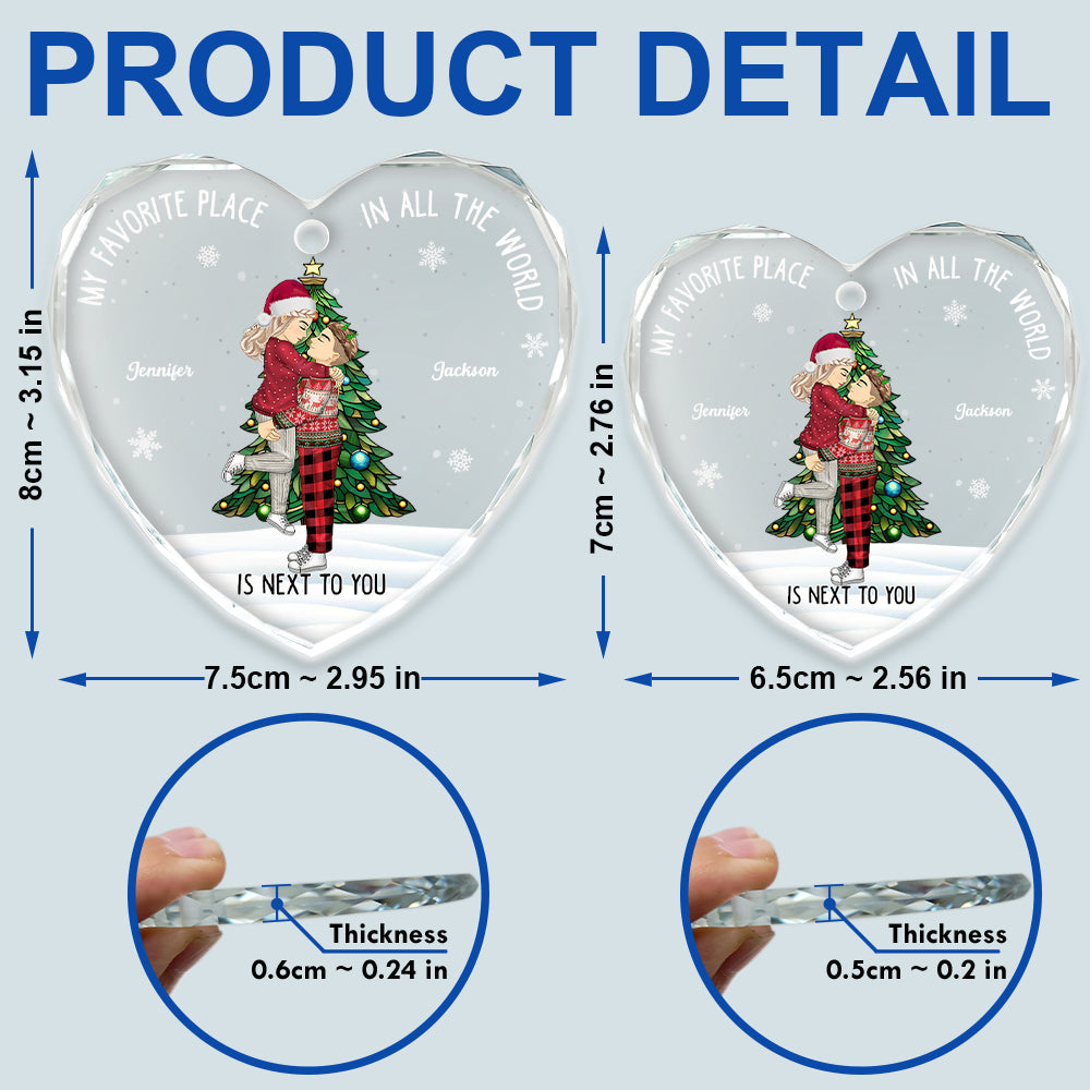 Christmas Couple My Favorite Place In All The World - Personalized Heart Shaped Glass Ornament