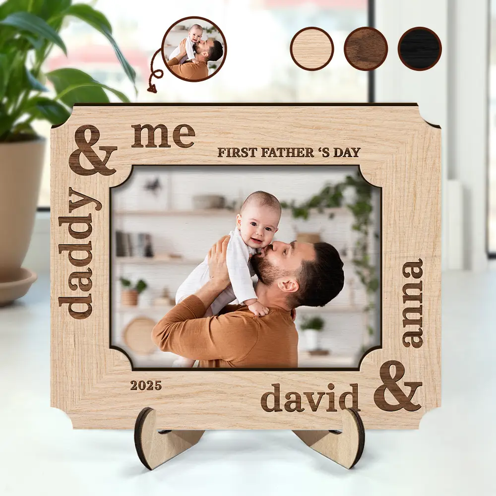 Custom Photo First Father's Day Ever Dad And Baby - Personalized 2-Layered Wooden Plaque With Stand
