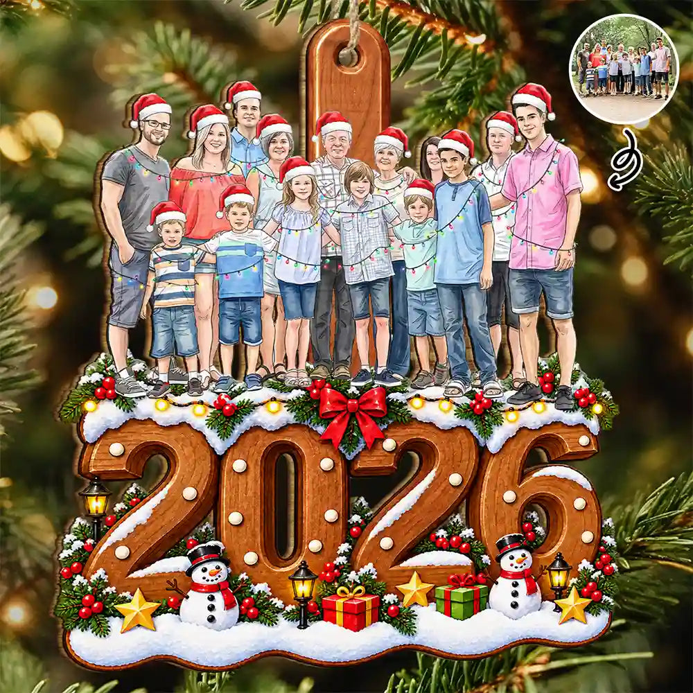 Christmas Keepsake Gift For Family - Personalized Custom Photo Watercolor Portrait Wooden Ornament