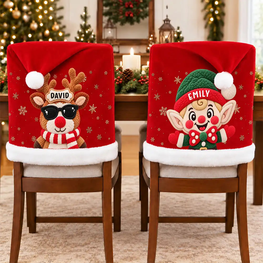 Christmas,Family,Happy,Icon - Christmas Table Decor Gift For Family - Personalized Faux Chenille Effect Santa Snowman Reindeer Chair Cover
