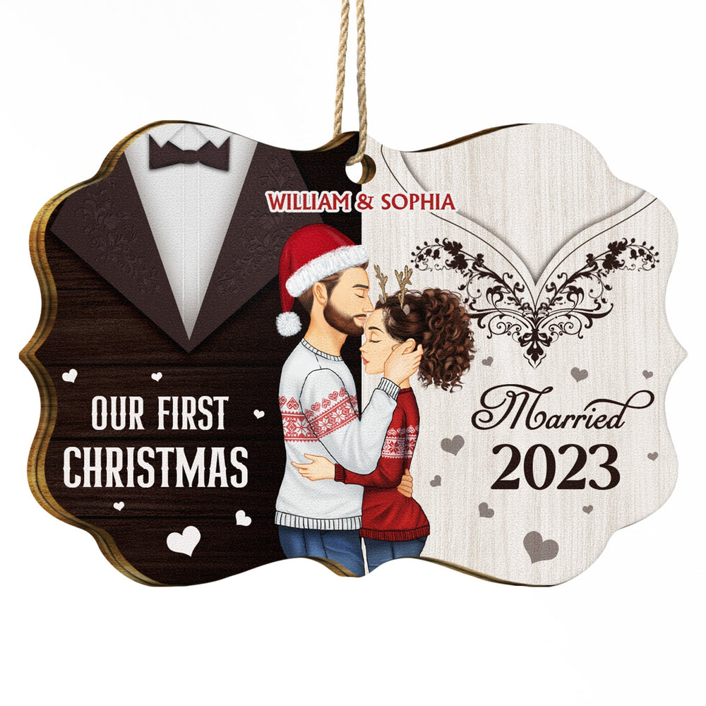 Our First Christmas Married - Xmas, Anniversary Gift For Spouse, Husband, Wife - Personalized Medallion Wooden Ornament