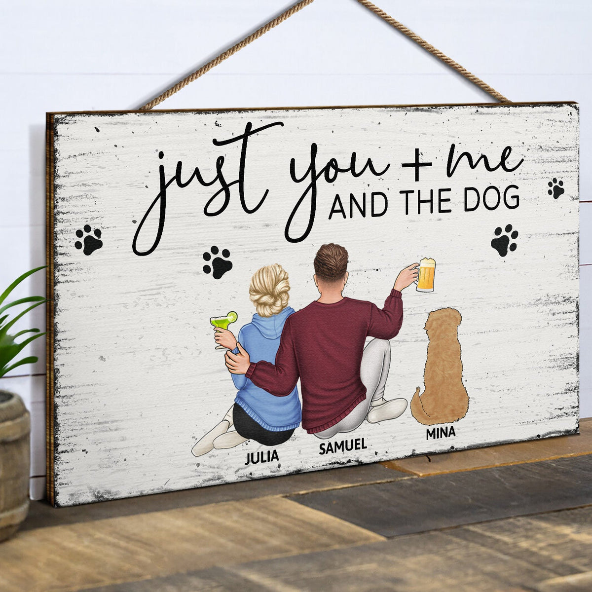 Just You Me And The Dogs - Anniversary Gift For Couples, Dog Lovers - Personalized Wood Rectangle Sign