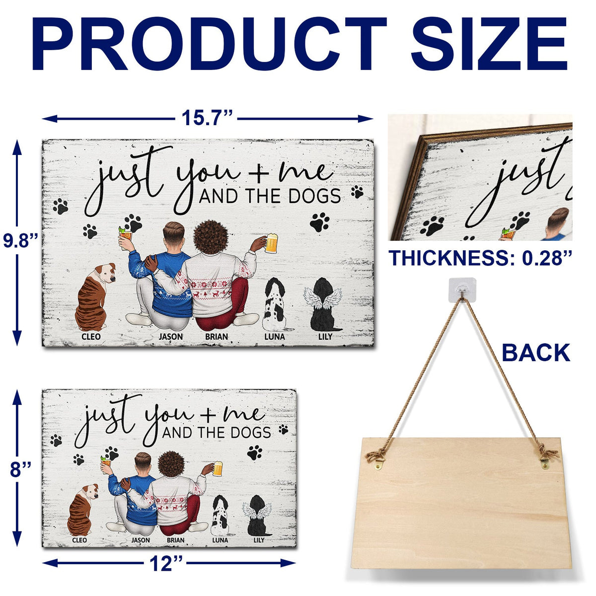 Just You Me And The Dogs - Anniversary Gift For Couples, Dog Lovers - Personalized Wood Rectangle Sign