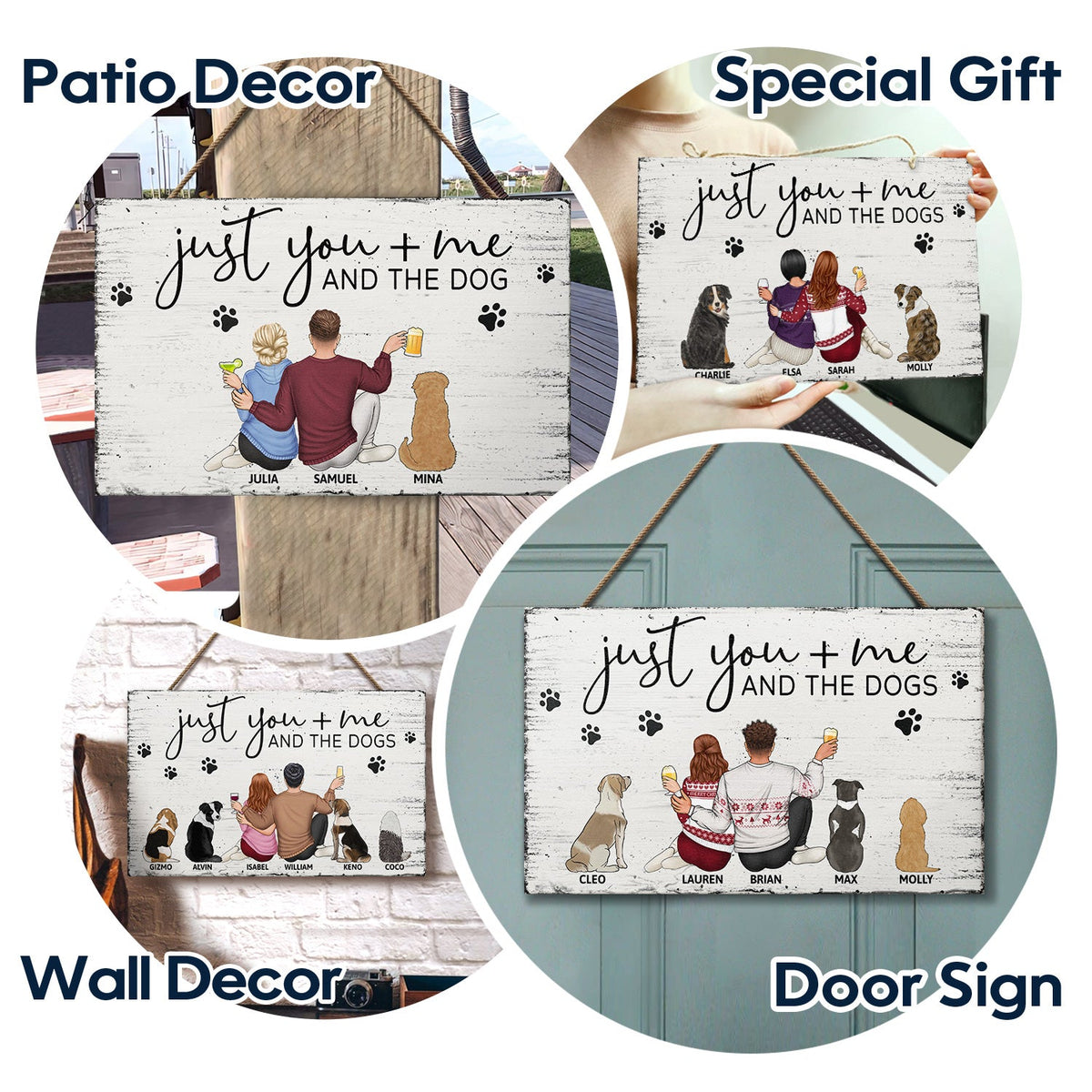 Just You Me And The Dogs - Anniversary Gift For Couples, Dog Lovers - Personalized Wood Rectangle Sign