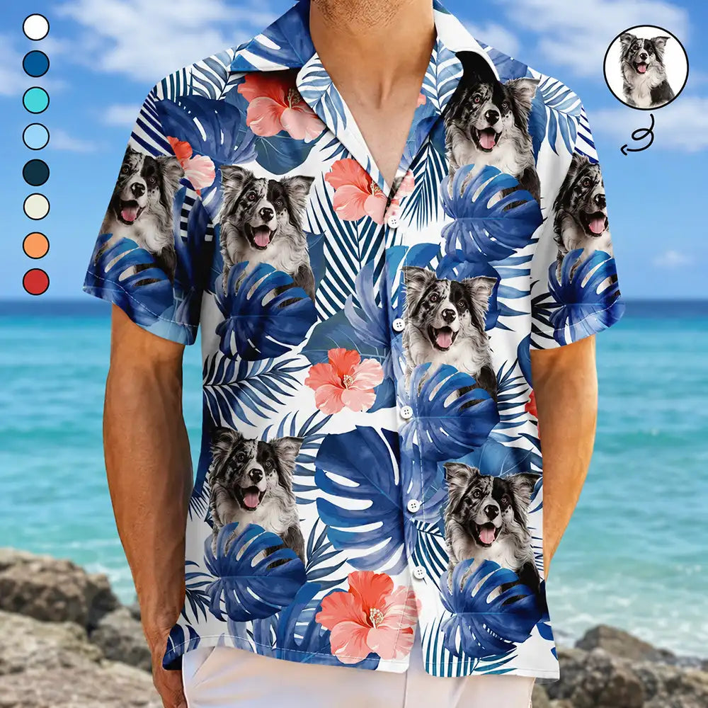 Custom Photo Tropical Leaves Funny Family Pet Face - Personalized Hawaiian Shirt