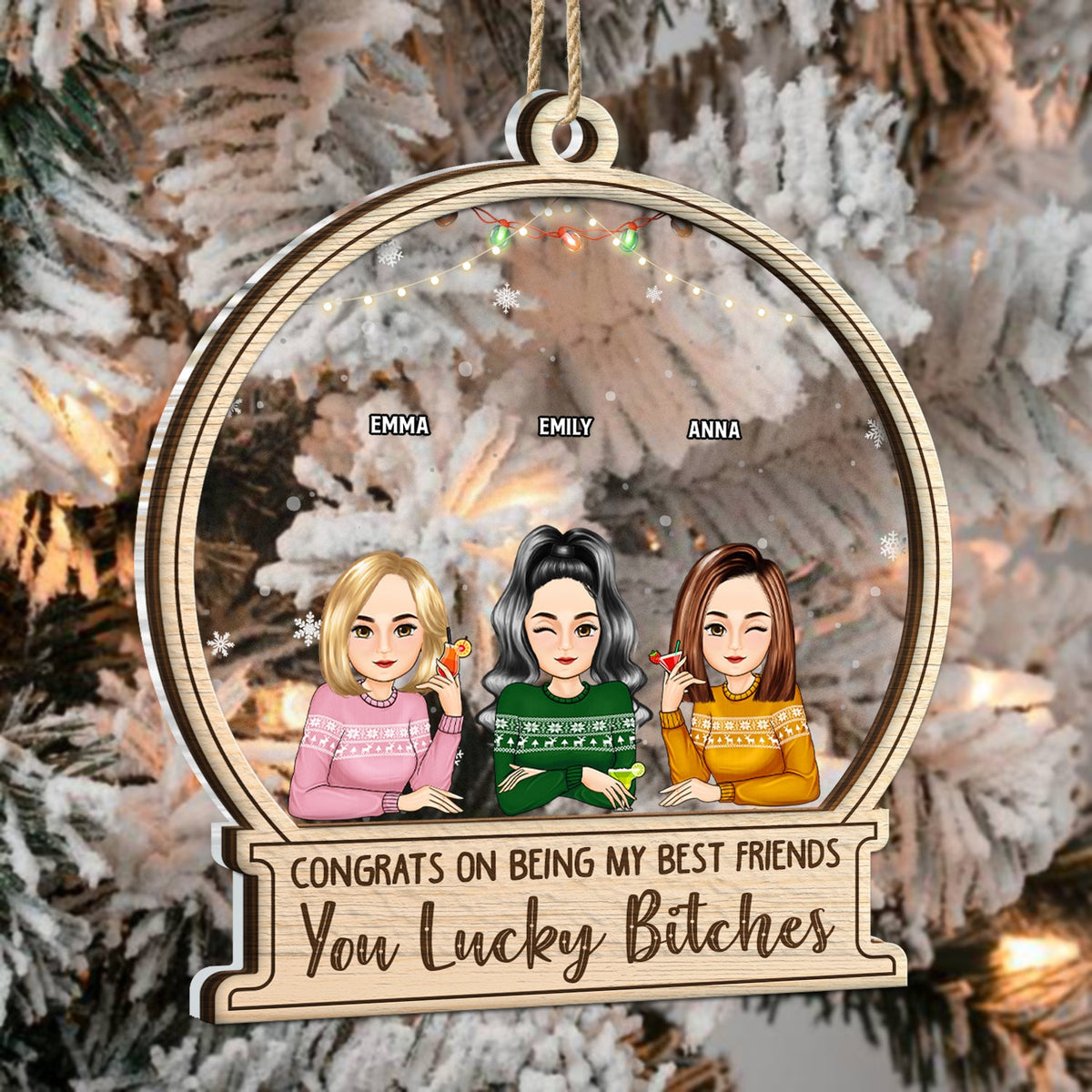 Christmas Congrats On Being My Besties Cartoon Drinking - Gift For Bestie - Personalized 2-Layered Mix Ornament