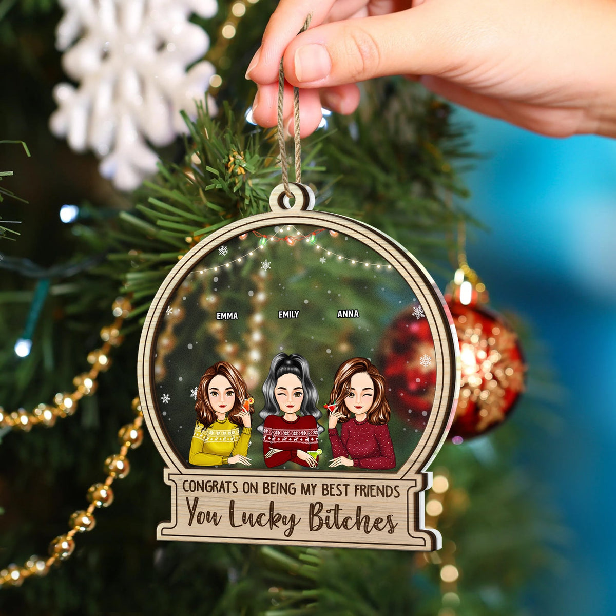Christmas Congrats On Being My Besties Cartoon Drinking - Gift For Bestie - Personalized 2-Layered Mix Ornament