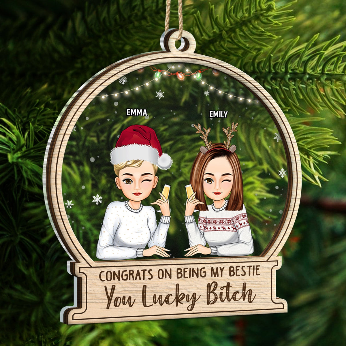 Christmas Congrats On Being My Besties Cartoon Drinking - Gift For Bestie - Personalized 2-Layered Mix Ornament