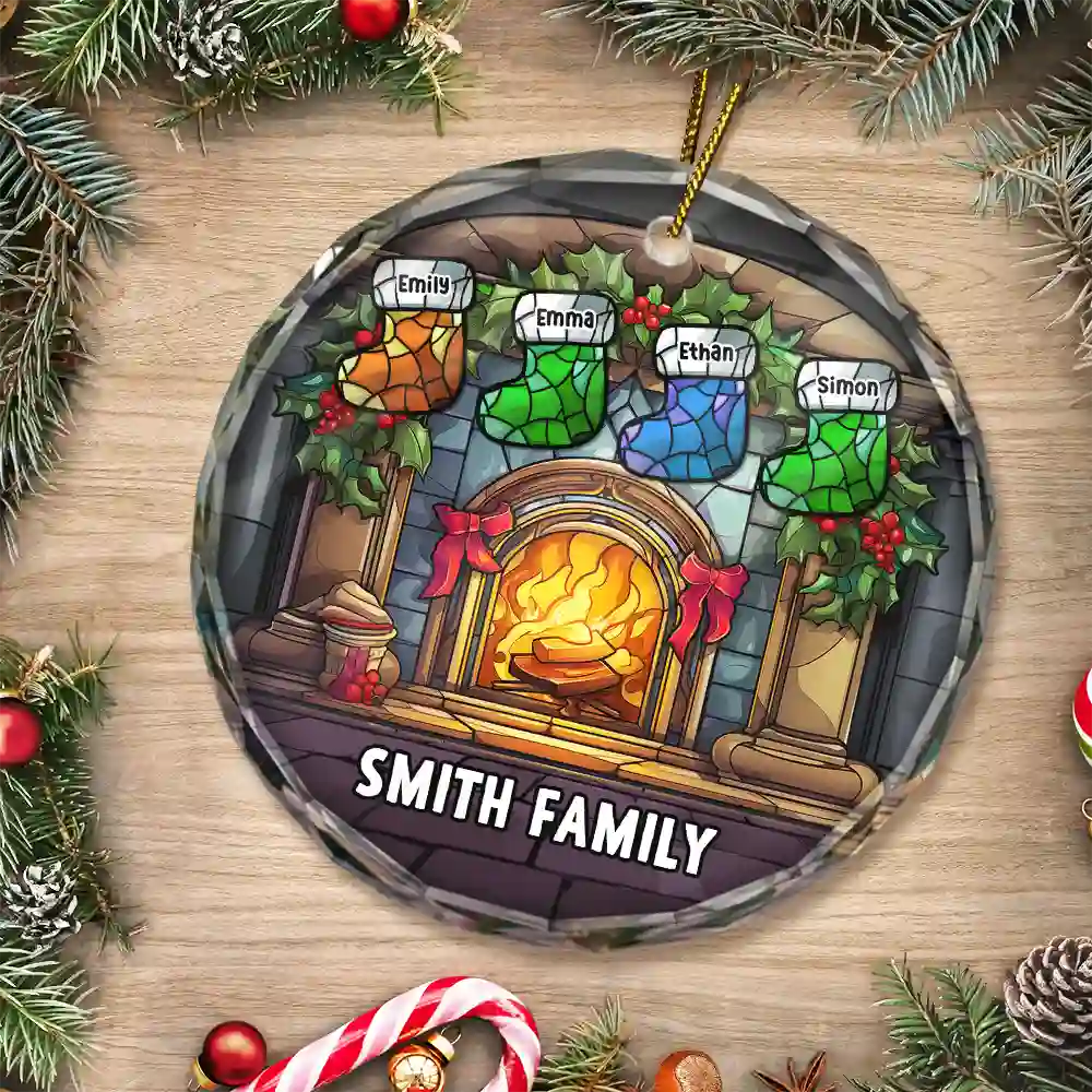 Family - Christmas Stocking On Fireplace Family - Personalized Circle Glass Ornament