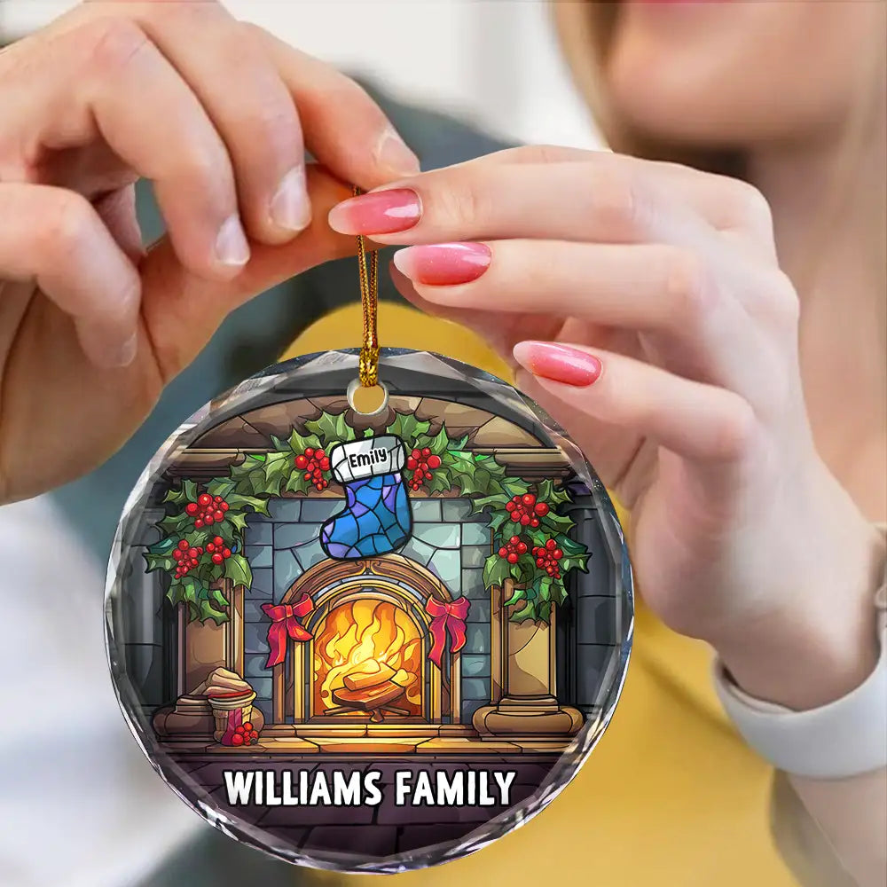 Family - Christmas Stocking On Fireplace Family - Personalized Circle Glass Ornament