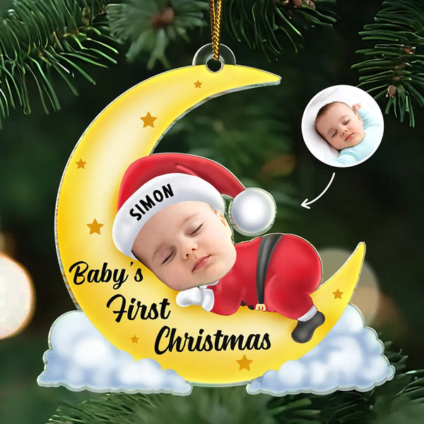 New baby - Custom Photo Christmas Baby Sleeping On The Moon - Personalized Cutout Acrylic Ornament