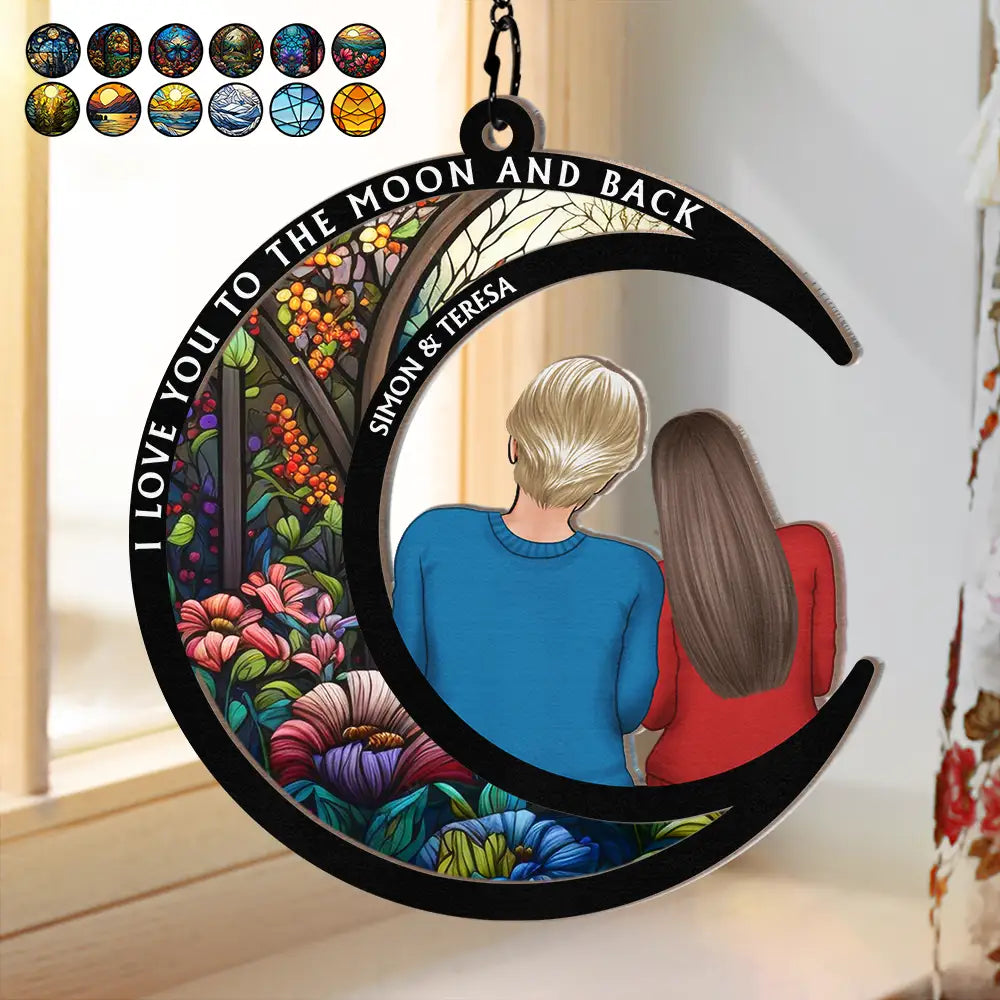 Gift For Couples,Gift For Husband,Gift For Wife,Gift For Boyfriend,Gift For Girlfriend - I Love You To The Moon And Back - Personalized Window Hanging Suncatcher Ornament

