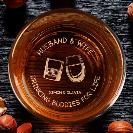 Husband & Wife Drinking Buddies For Life - Personalized Engraved Whiskey Glass