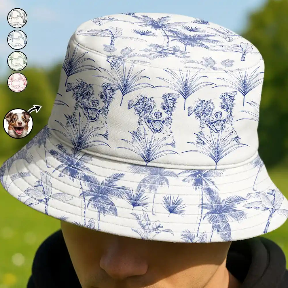 Custom Photo Pencil Drawing Toile De Jouy Pattern Family Pet - Personalized Bucket Hat