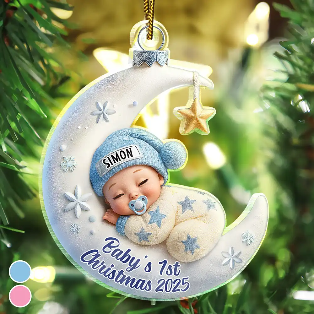 Baby Sleeping On The Moon First Christmas 3D Effect - Personalized Custom Shaped Acrylic Ornament