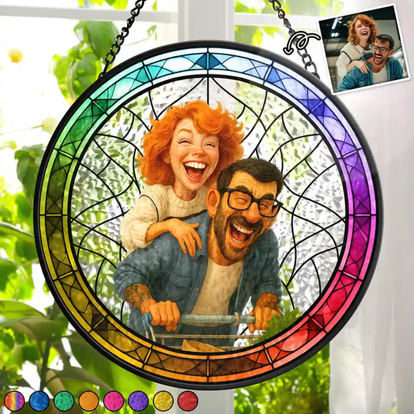 Gift For Wife,Gift For Husband,Gift For Couples,Gift For Girlfriend,Gift For Boyfriend,Funny,Family,Gift For Sibling - Custom Photo Caricature Funny Couple Family - Personalized Stained Glass Window Hanging Suncatcher