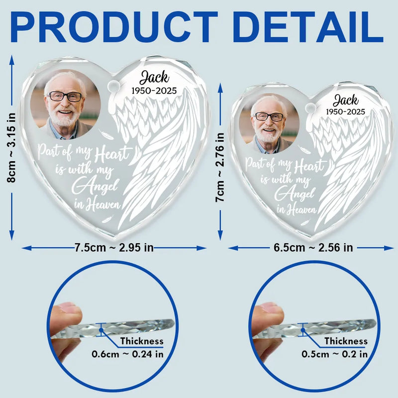 Memorial,Family,Parents,Gift For Grandparents,Sad,Christmas - Custom Photo Part Of My Heart Is With My Angel In Heaven - Personalized Heart Shaped Glass Ornament