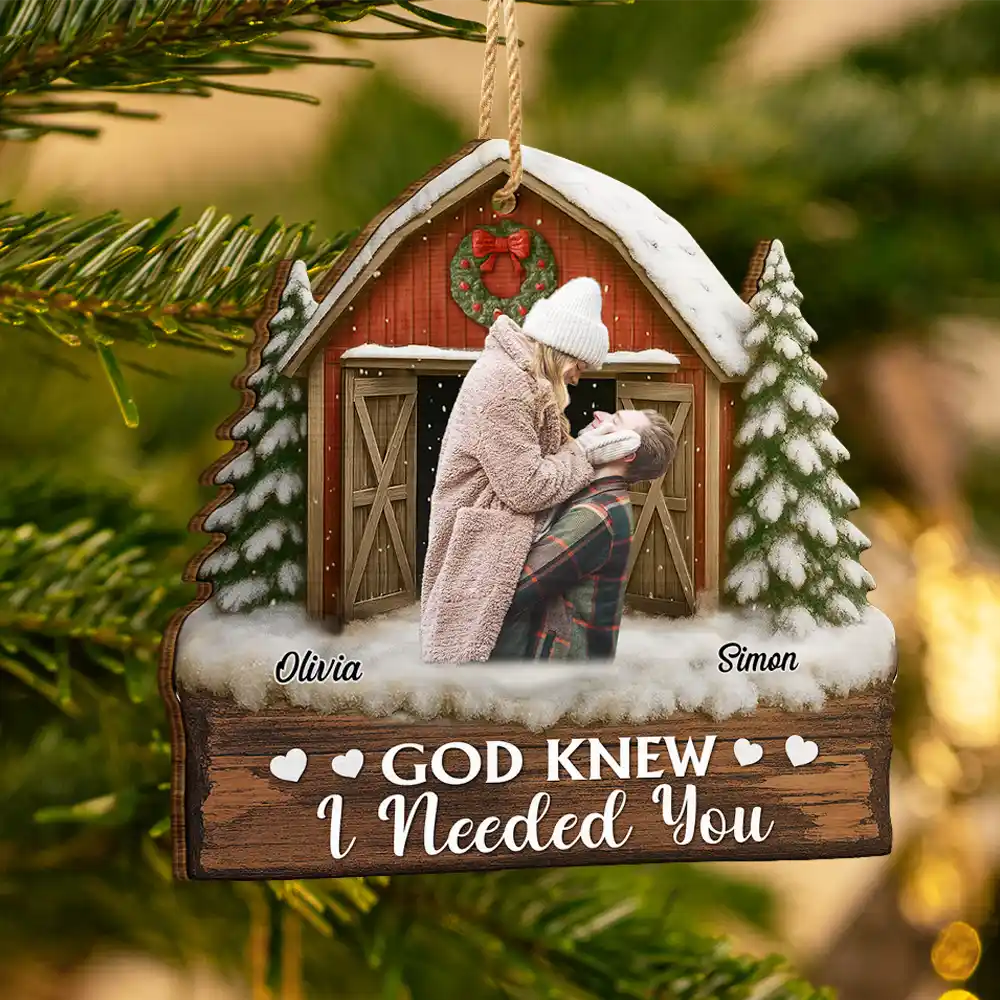 Christmas,Gift For Couples,Gift For Husband,Gift For Wife,Gift For Boyfriend,Gift For Girlfriend,Happy - Custom Photo God Gave Me You Couple Red Barn - Personalized Custom Shaped Wooden Ornament