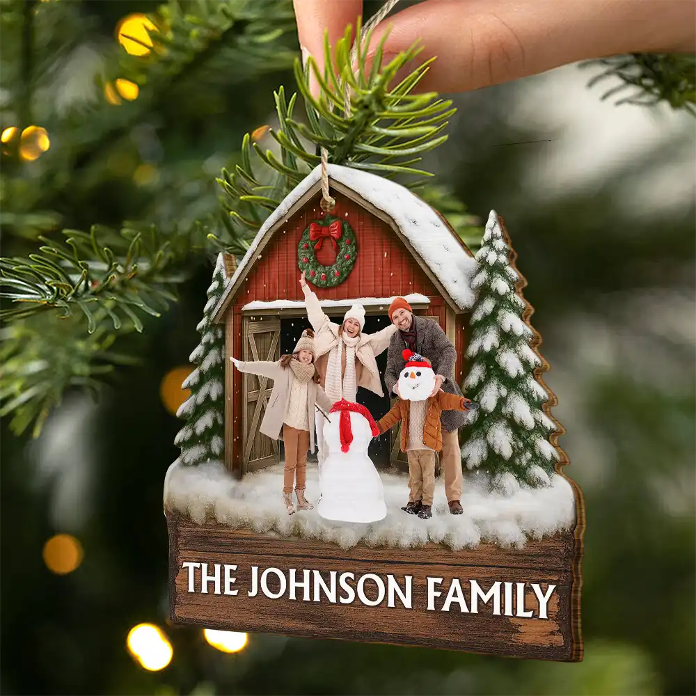 Custom Photo,Christmas,Family,Happy - Custom Photo Family Gathering Red Barn - Personalized Custom Shaped Wooden Ornament