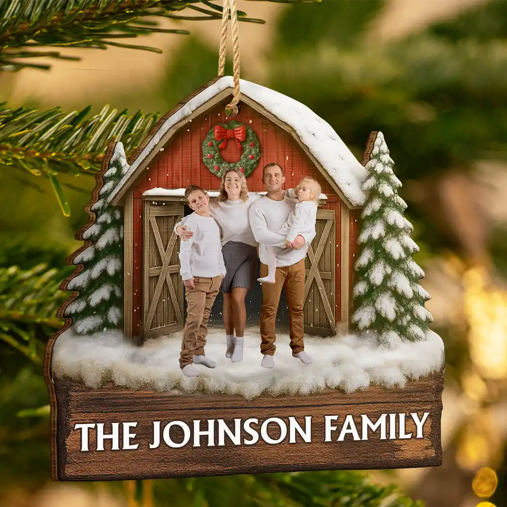 Custom Photo,Christmas,Family,Happy - Custom Photo Family Gathering Red Barn - Personalized Custom Shaped Wooden Ornament