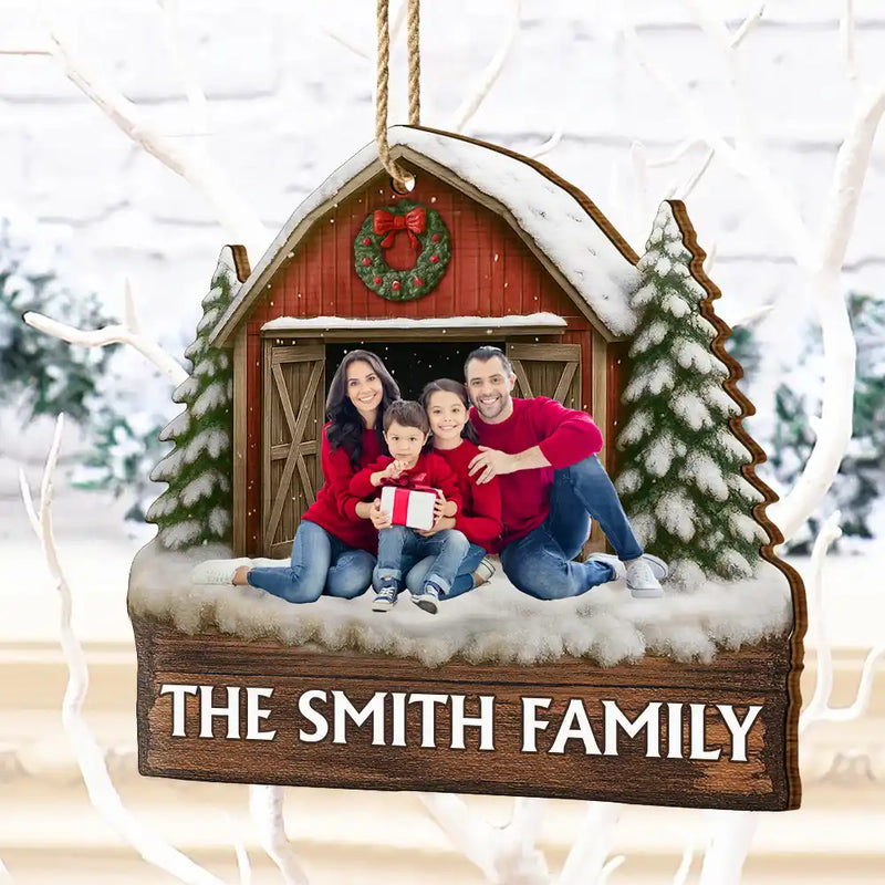 Custom Photo,Christmas,Family,Happy - Custom Photo Family Gathering Red Barn - Personalized Custom Shaped Wooden Ornament