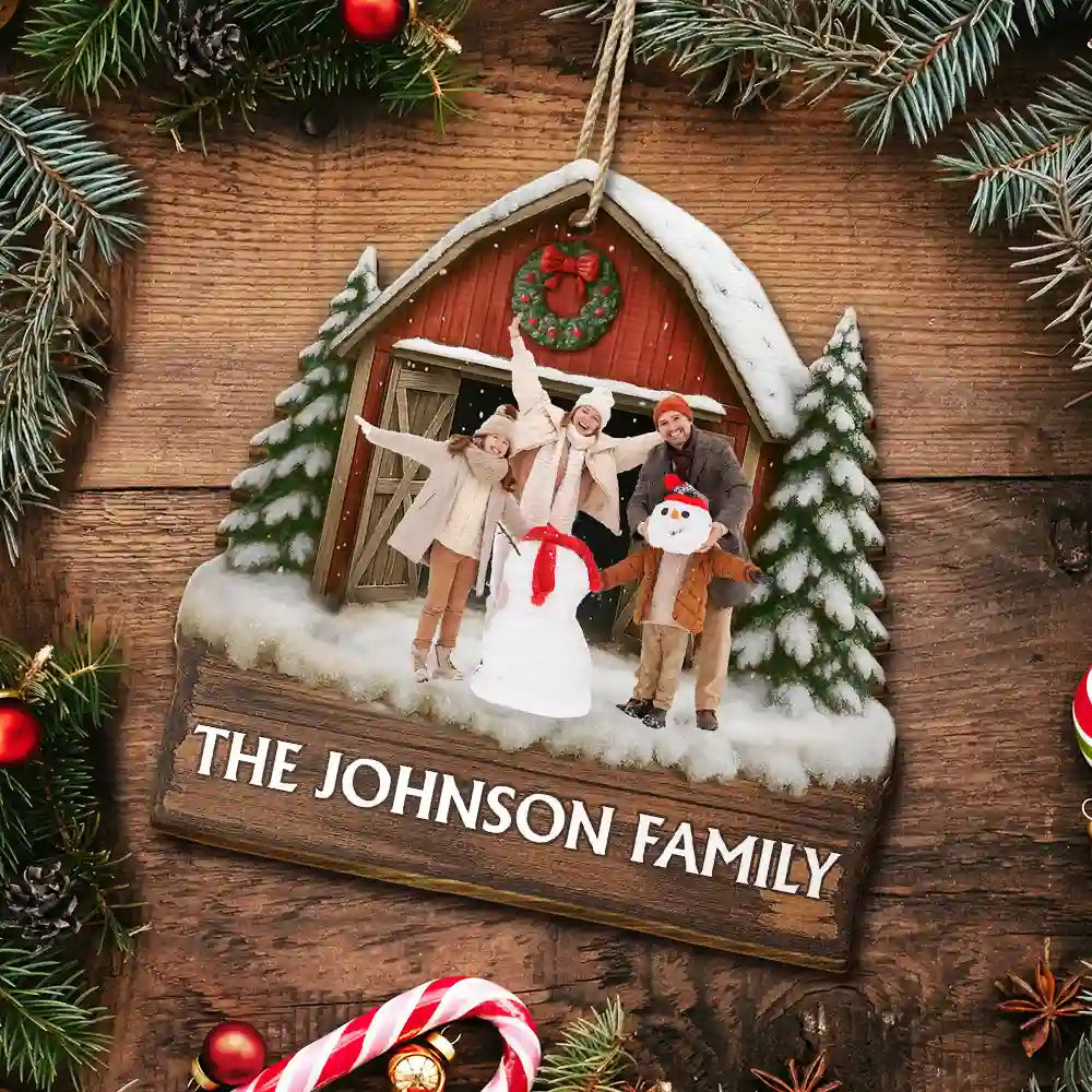 Custom Photo,Christmas,Family,Happy - Custom Photo Family Gathering Red Barn - Personalized Custom Shaped Wooden Ornament