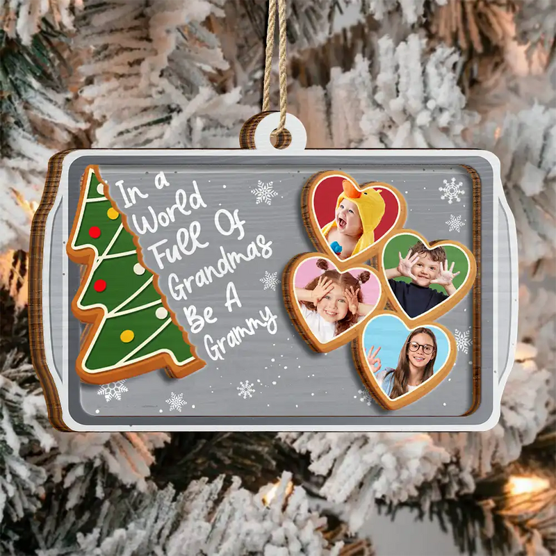 Gift For Grandma,Gift For Women,Christmas,Love - Custom Photo Gingerbread Cookie World Full Of Grandmas - Personalized 2-Layered Wooden Ornament